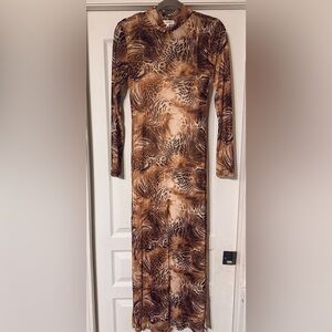 Elegant Brown Patterned Long Sleeve Dress